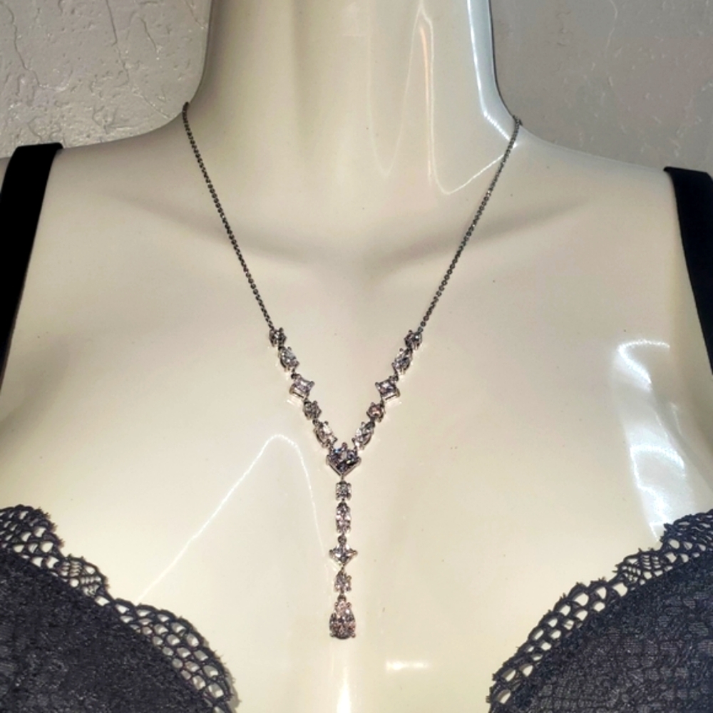 Sexy Y-Drop CZ Necklace Silver Tone Chain 21” Signed JCM CZ China EUC - Picture 4 of 12